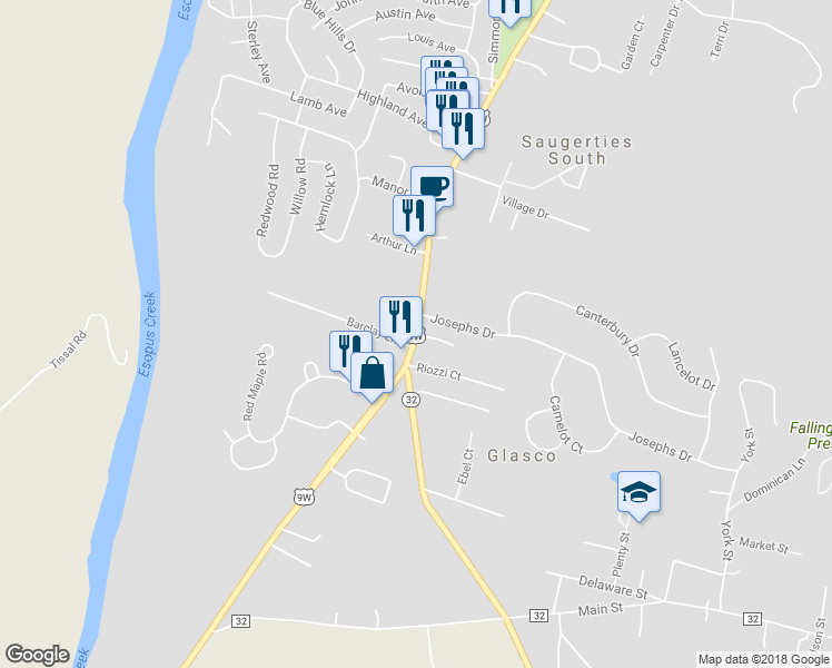 map of restaurants, bars, coffee shops, grocery stores, and more near U.S. 9W & Riozzi Court in Saugerties