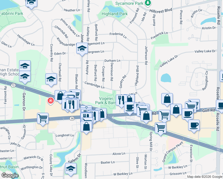 map of restaurants, bars, coffee shops, grocery stores, and more near Dennison Rd & Cambridge Ln in Hoffman Estates
