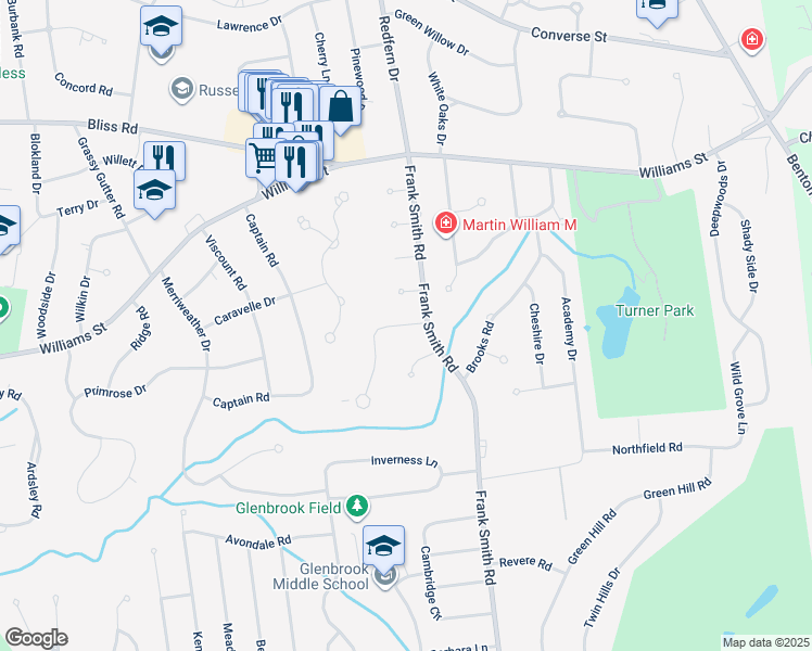 map of restaurants, bars, coffee shops, grocery stores, and more near 21 Ashford Road in Longmeadow