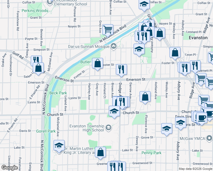 map of restaurants, bars, coffee shops, grocery stores, and more near 1820 Brown Avenue in Evanston