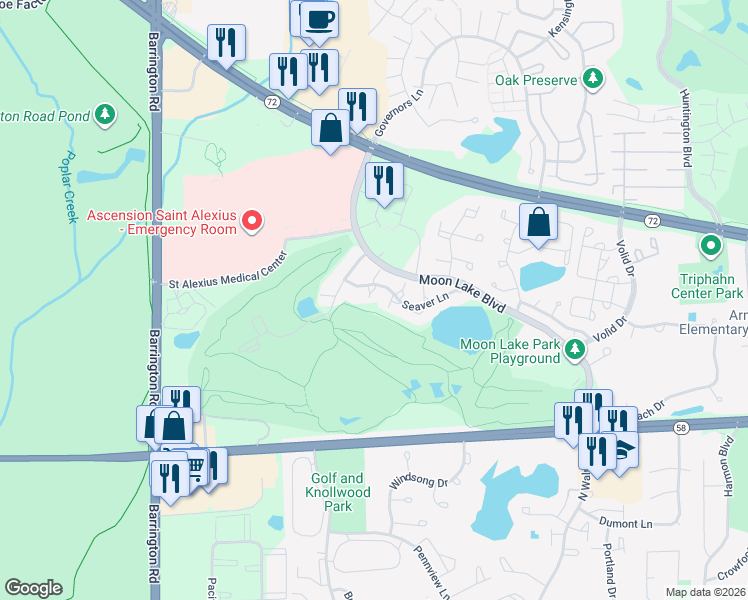 map of restaurants, bars, coffee shops, grocery stores, and more near 2249 Seaver Lane in Hoffman Estates