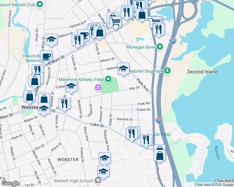 map of restaurants, bars, coffee shops, grocery stores, and more near 48 Ray Street in Webster