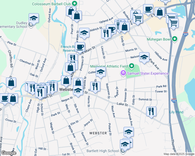 map of restaurants, bars, coffee shops, grocery stores, and more near 25 Goddard Street in Webster