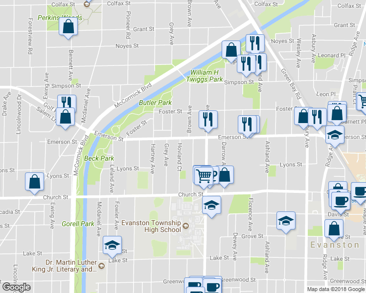 map of restaurants, bars, coffee shops, grocery stores, and more near 1820 Brown Avenue in Evanston