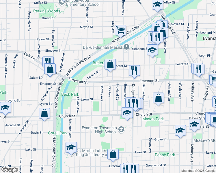 map of restaurants, bars, coffee shops, grocery stores, and more near 1823 Grey Avenue in Evanston