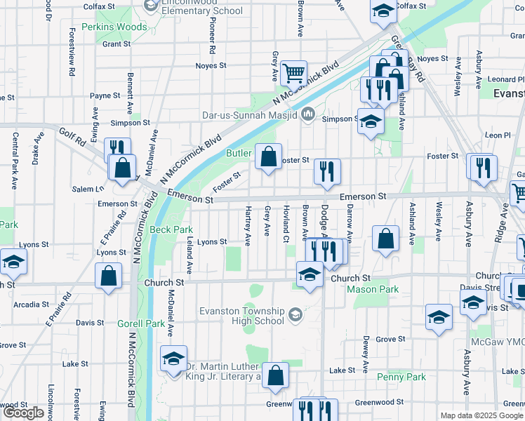 map of restaurants, bars, coffee shops, grocery stores, and more near 1823 Grey Avenue in Evanston