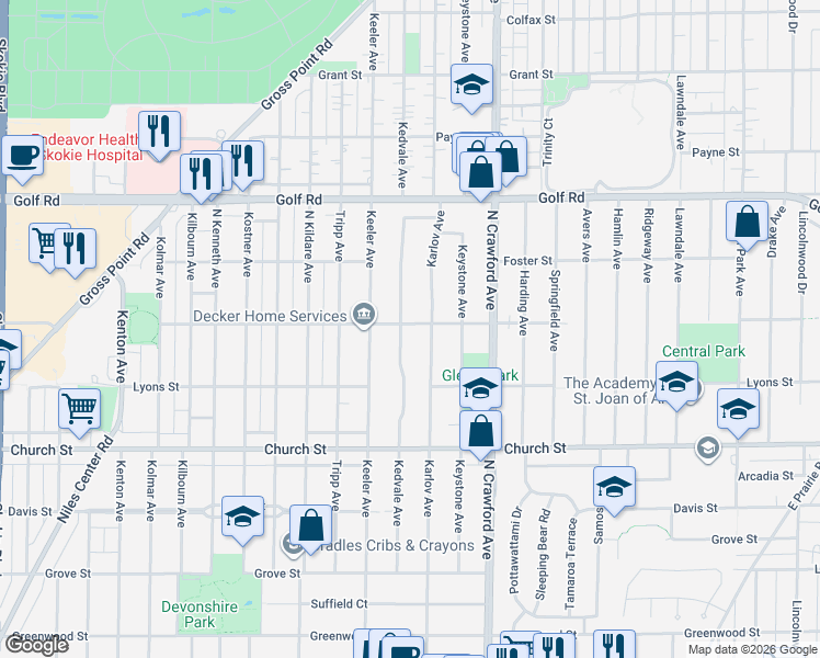 map of restaurants, bars, coffee shops, grocery stores, and more near 9338 Karlov Avenue in Skokie