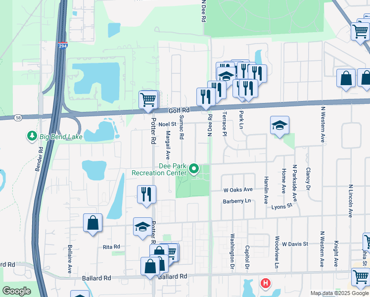 map of restaurants, bars, coffee shops, grocery stores, and more near 9408 Sumac Road in Des Plaines