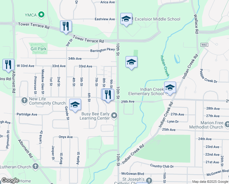 map of restaurants, bars, coffee shops, grocery stores, and more near 2920 9th Street in Marion