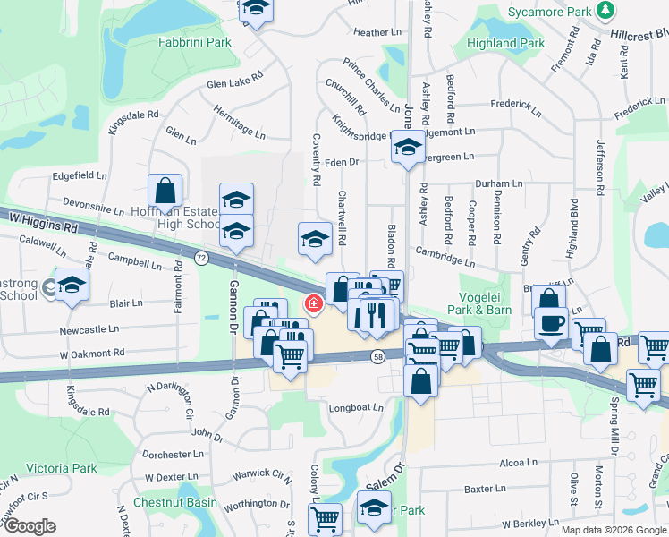 map of restaurants, bars, coffee shops, grocery stores, and more near 907 Blenheim Drive in Schaumburg