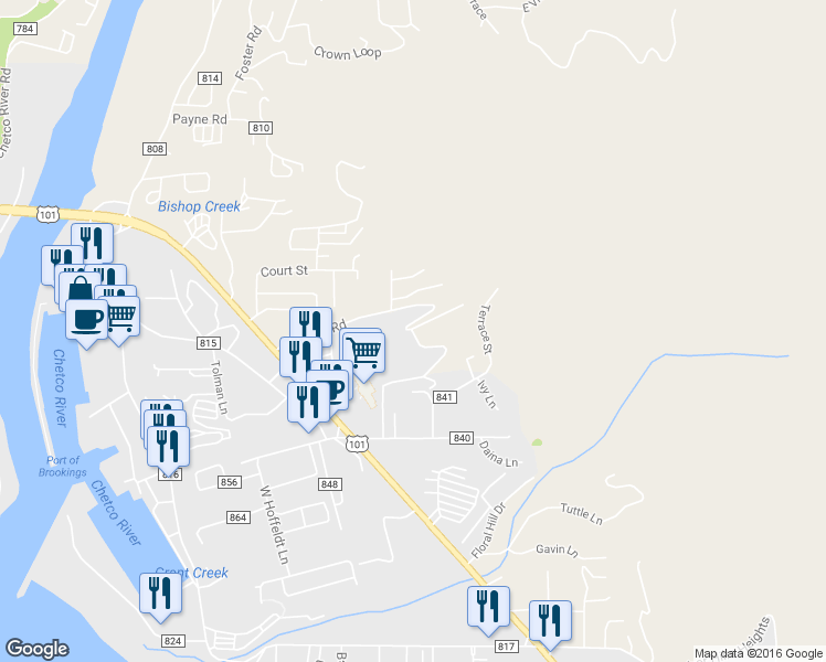 map of restaurants, bars, coffee shops, grocery stores, and more near 98070 Hallway Road in Brookings
