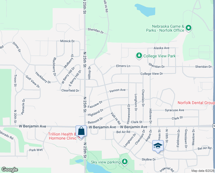 map of restaurants, bars, coffee shops, grocery stores, and more near 1605-1699 Valli Hi Road in Norfolk