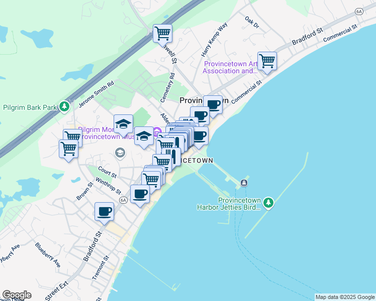 map of restaurants, bars, coffee shops, grocery stores, and more near 293 Commercial Street in Provincetown