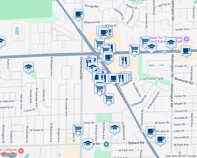 map of restaurants, bars, coffee shops, grocery stores, and more near 101 West Golf Road in Niles
