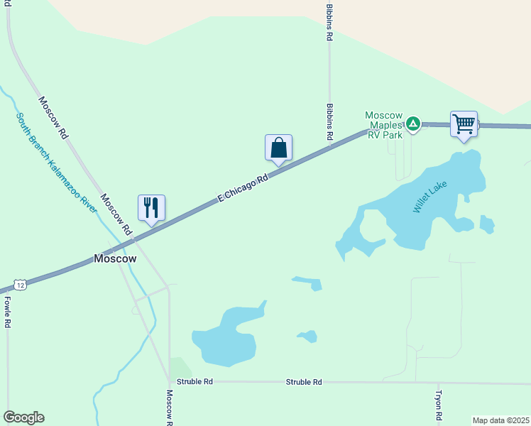 map of restaurants, bars, coffee shops, grocery stores, and more near 7701 East Chicago Road in Jonesville