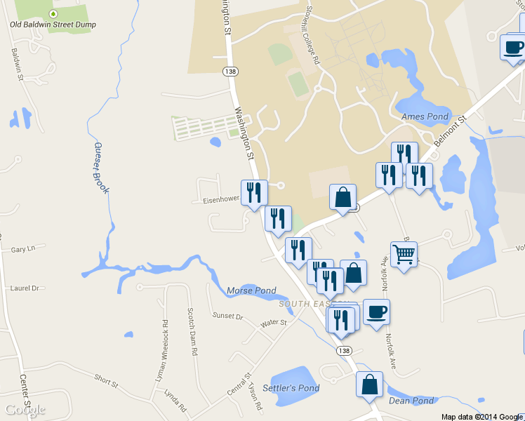 map of restaurants, bars, coffee shops, grocery stores, and more near 10 Roosevelt Circle in Easton