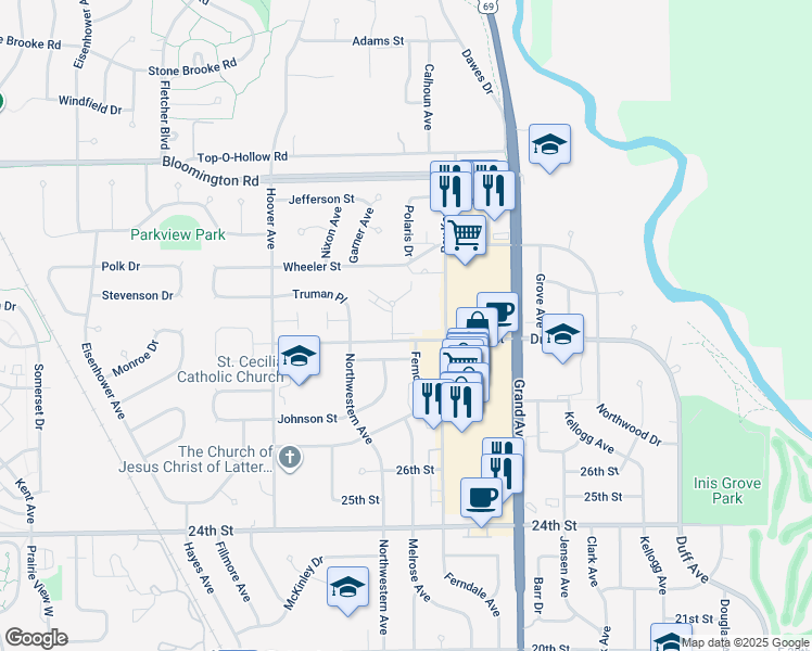 map of restaurants, bars, coffee shops, grocery stores, and more near 3000 Regency Court in Ames