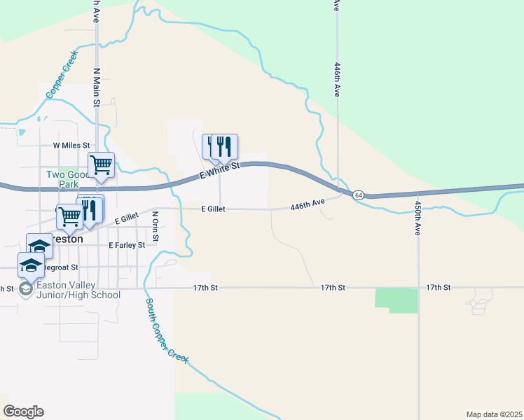 map of restaurants, bars, coffee shops, grocery stores, and more near 1880 445th Avenue in Preston
