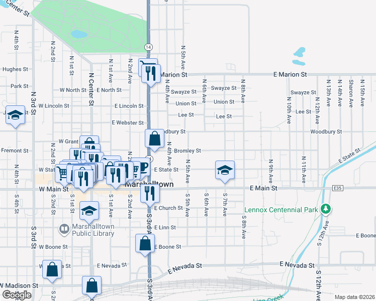 map of restaurants, bars, coffee shops, grocery stores, and more near 501 Bromley Street in Marshalltown
