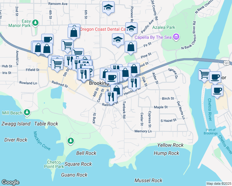 map of restaurants, bars, coffee shops, grocery stores, and more near 306 Wharf Street in Brookings