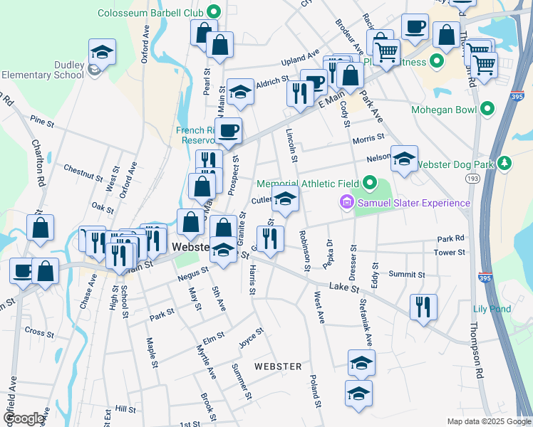 map of restaurants, bars, coffee shops, grocery stores, and more near 25 Goddard Street in Webster
