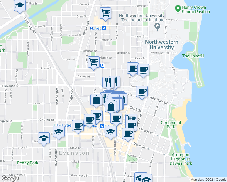 map of restaurants, bars, coffee shops, grocery stores, and more near 1830 Sherman Avenue in Evanston