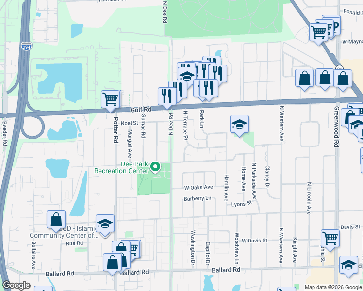map of restaurants, bars, coffee shops, grocery stores, and more near 9413 Oak Avenue in Des Plaines
