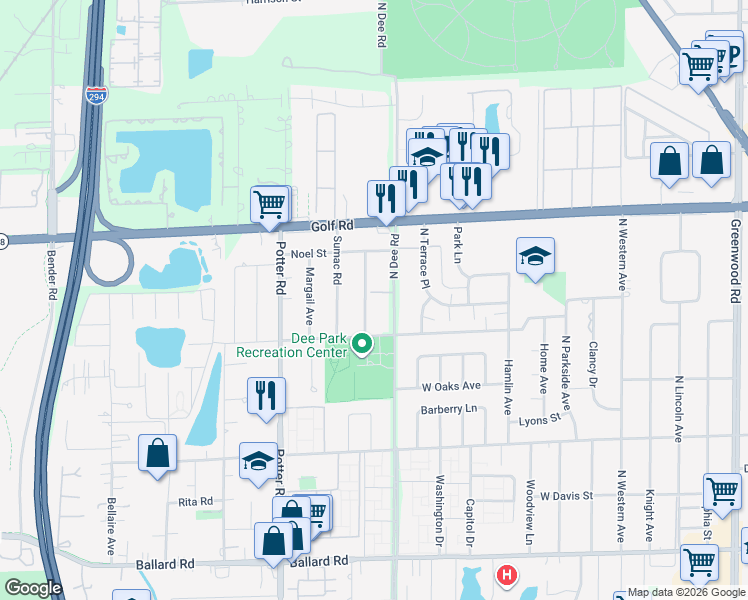 map of restaurants, bars, coffee shops, grocery stores, and more near 9415B Sumac Road in Des Plaines