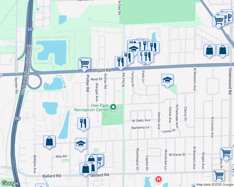 map of restaurants, bars, coffee shops, grocery stores, and more near 9415B Sumac Road in Des Plaines