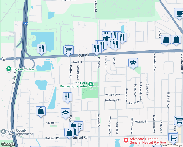 map of restaurants, bars, coffee shops, grocery stores, and more near 9415B Sumac Road in Des Plaines