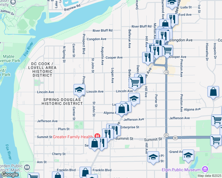 map of restaurants, bars, coffee shops, grocery stores, and more near 729 Logan Avenue in Elgin