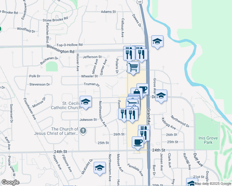 map of restaurants, bars, coffee shops, grocery stores, and more near 1015 Kennedy Street in Ames