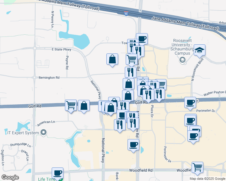 map of restaurants, bars, coffee shops, grocery stores, and more near 1230A East Golf Road in Schaumburg