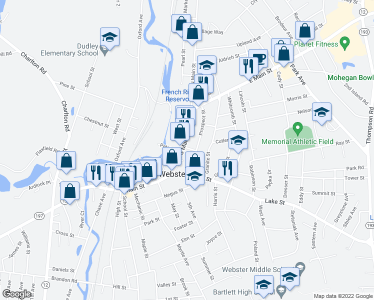 map of restaurants, bars, coffee shops, grocery stores, and more near 516 South Main Street in Webster