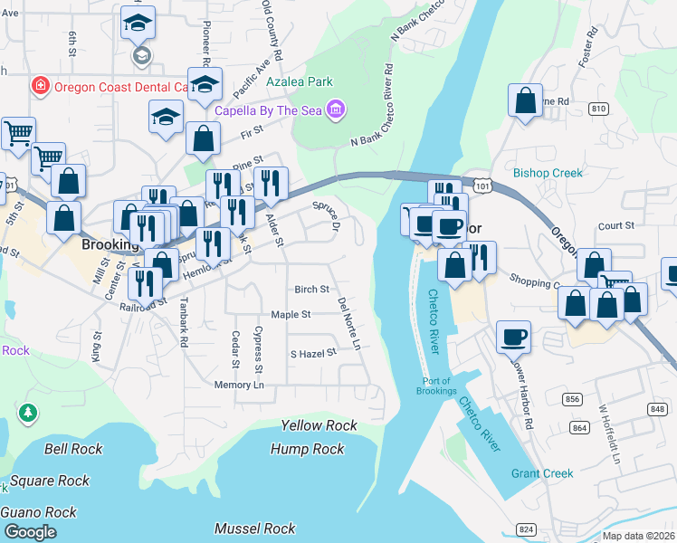 map of restaurants, bars, coffee shops, grocery stores, and more near 346 Del Norte Lane in Brookings