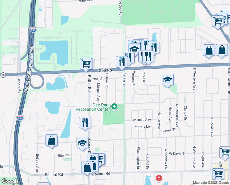map of restaurants, bars, coffee shops, grocery stores, and more near 9415B Sumac Road in Des Plaines