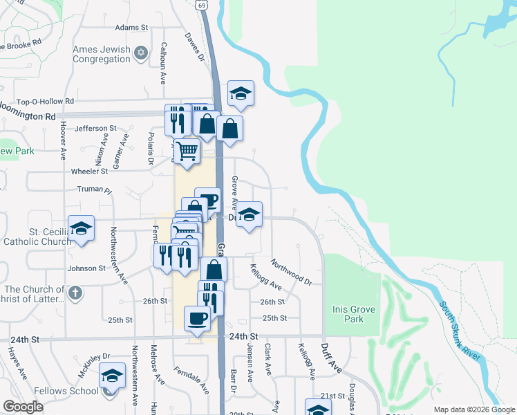 map of restaurants, bars, coffee shops, grocery stores, and more near 2919 Northwood Drive in Ames