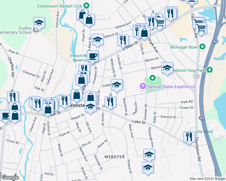 map of restaurants, bars, coffee shops, grocery stores, and more near 25 Goddard Street in Webster
