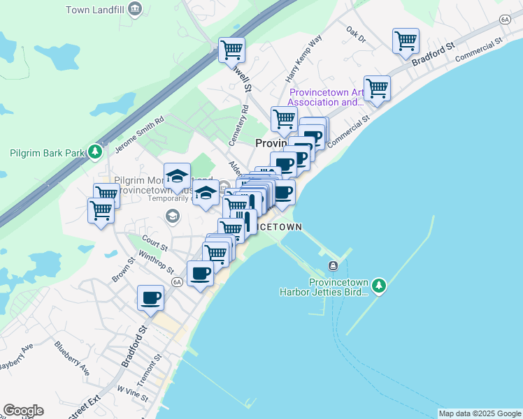 map of restaurants, bars, coffee shops, grocery stores, and more near 293 Commercial Street in Provincetown