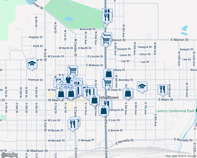 map of restaurants, bars, coffee shops, grocery stores, and more near 108 North 3rd Avenue in Marshalltown