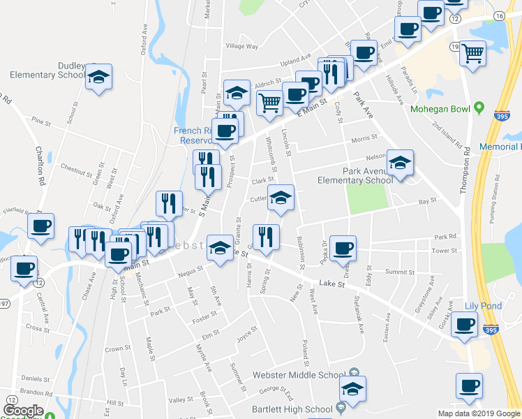 map of restaurants, bars, coffee shops, grocery stores, and more near 25 Goddard Street in Webster