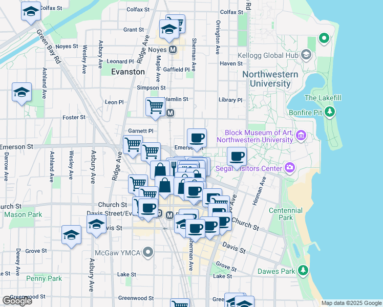 map of restaurants, bars, coffee shops, grocery stores, and more near 1830 Sherman Avenue in Evanston