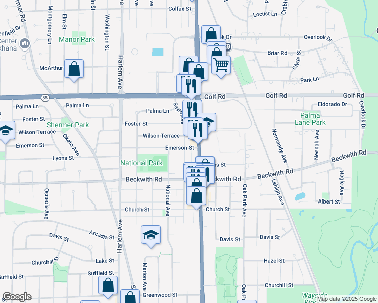 map of restaurants, bars, coffee shops, grocery stores, and more near 9328 Sayre Avenue in Morton Grove