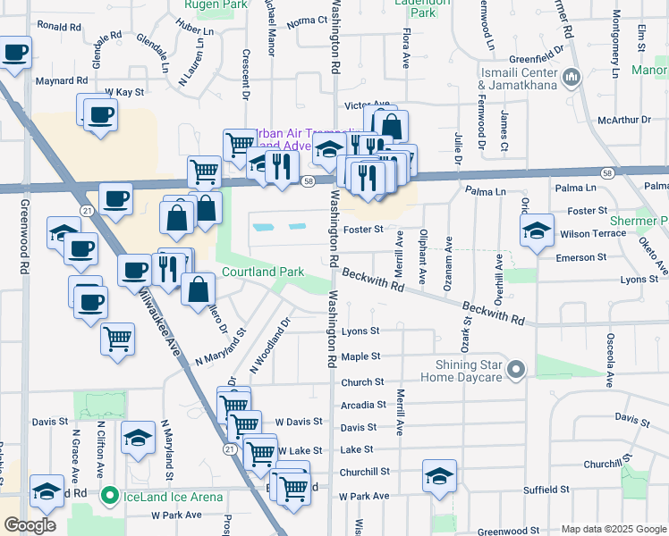 map of restaurants, bars, coffee shops, grocery stores, and more near 7949 Beckwith Road in Morton Grove