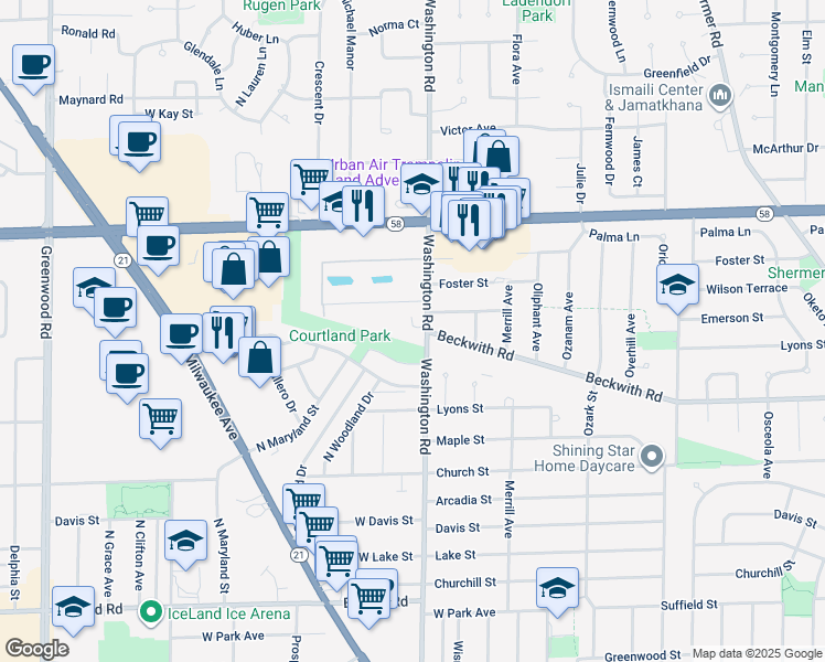 map of restaurants, bars, coffee shops, grocery stores, and more near 9432 Washington Street in Niles