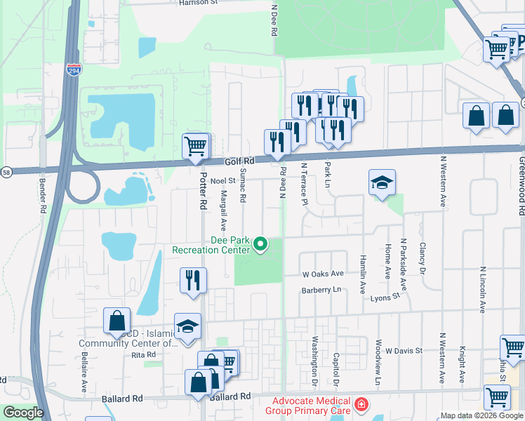 map of restaurants, bars, coffee shops, grocery stores, and more near 9415B Sumac Road in Des Plaines