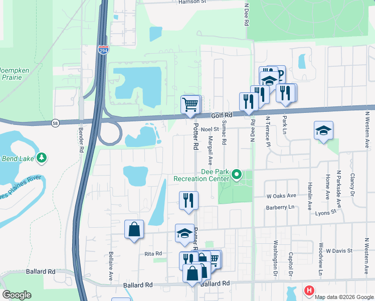 map of restaurants, bars, coffee shops, grocery stores, and more near 9413 Ironwood Lane in Des Plaines