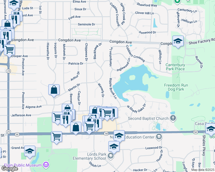 map of restaurants, bars, coffee shops, grocery stores, and more near 796 Ripple Brook Court in Elgin
