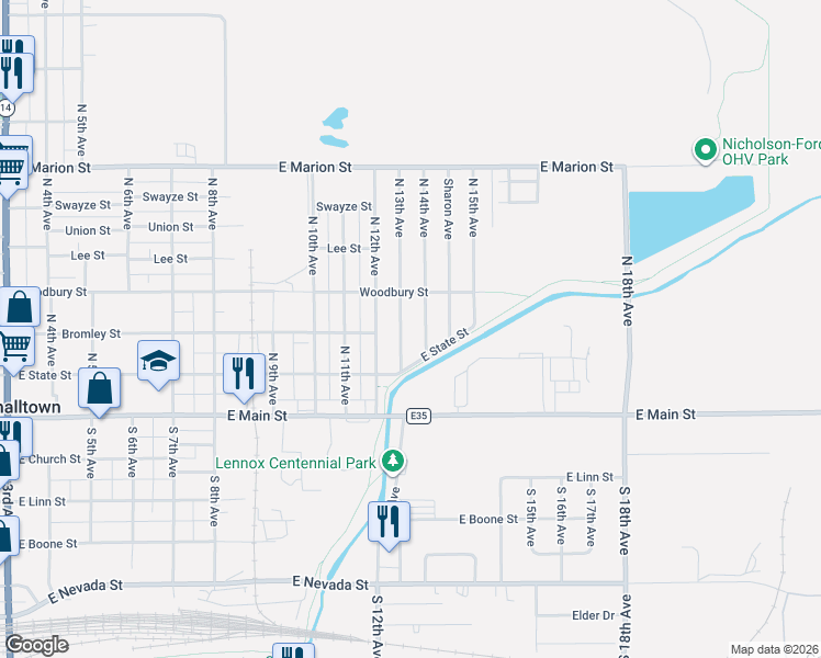 map of restaurants, bars, coffee shops, grocery stores, and more near 1308 East State Street in Marshalltown