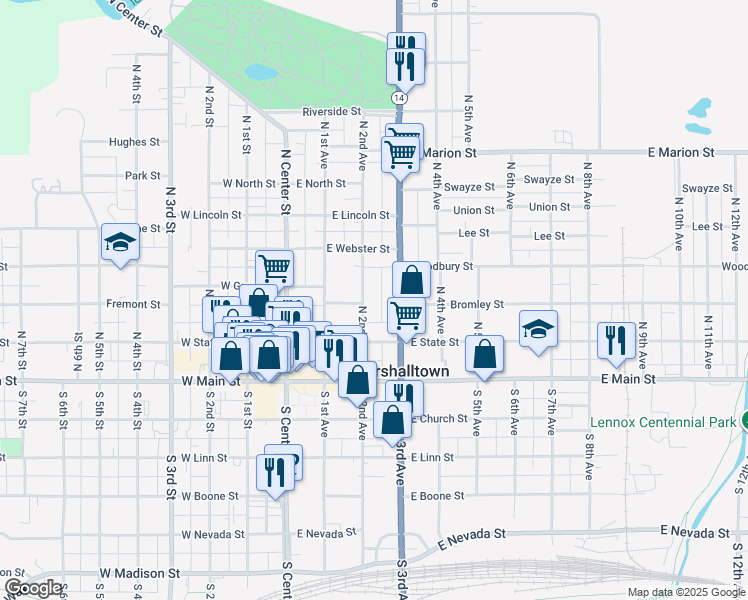 map of restaurants, bars, coffee shops, grocery stores, and more near 108 North 3rd Avenue in Marshalltown